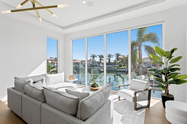 living room featuring wood-type flooring, a raised ceiling, and a water view