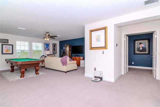 game room with billiards, light colored carpet, and ceiling fan