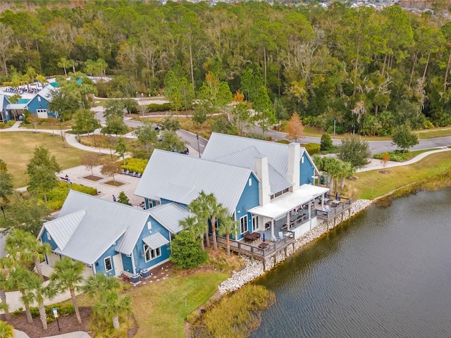 drone / aerial view featuring a water view