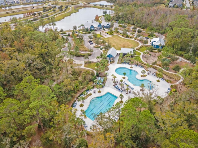 bird's eye view with a water view