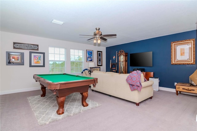 recreation room featuring a ceiling fan, pool table, baseboards, and visible vents