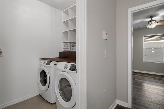 laundry area with ceiling fan, wood-type flooring, and independent washer and dryer