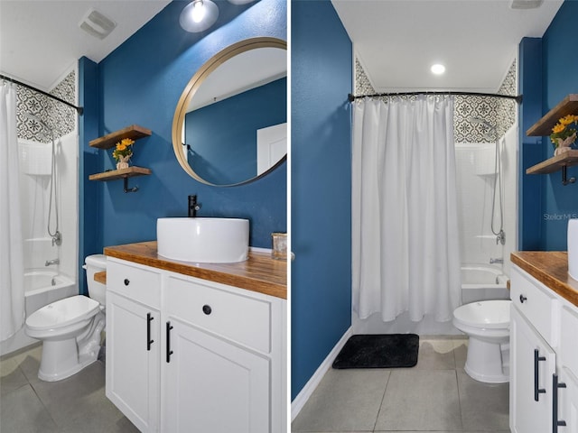 full bathroom with shower / bath combination with curtain, toilet, and vanity