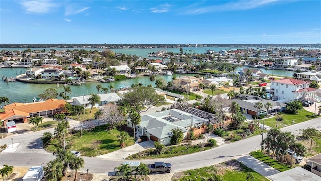 drone / aerial view featuring a water view