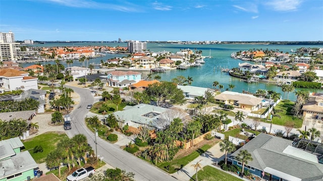 bird's eye view with a water view