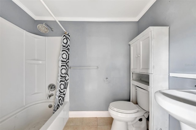 full bathroom featuring shower / bath combination with curtain, crown molding, sink, tile patterned flooring, and toilet