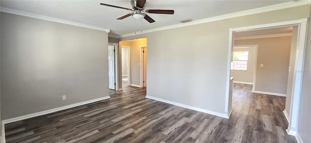 spare room featuring dark hardwood / wood-style floors, ceiling fan, and crown molding