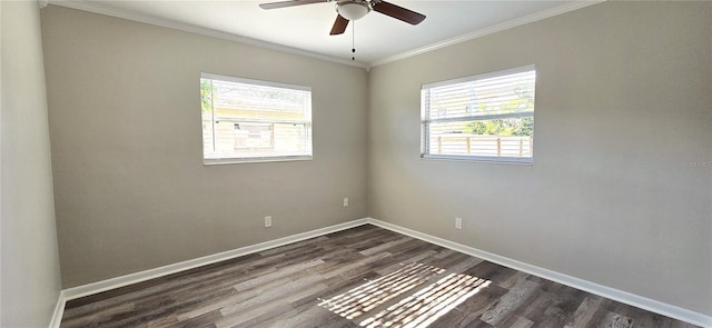 empty room with plenty of natural light, ceiling fan, dark hardwood / wood-style flooring, and ornamental molding