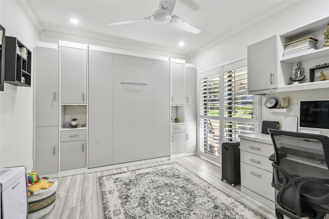 office featuring light wood-style floors, ceiling fan, and ornamental molding