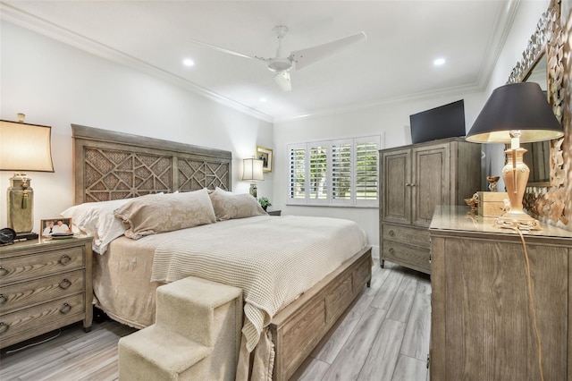 bedroom with ceiling fan, ornamental molding, light wood-style flooring, and recessed lighting