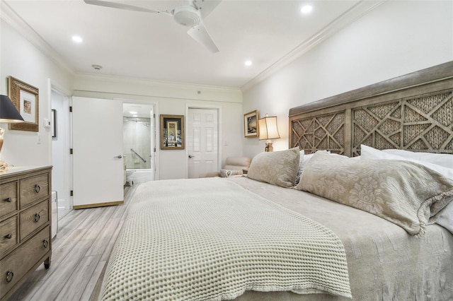 bedroom featuring light wood-style floors, ornamental molding, ensuite bathroom, and recessed lighting