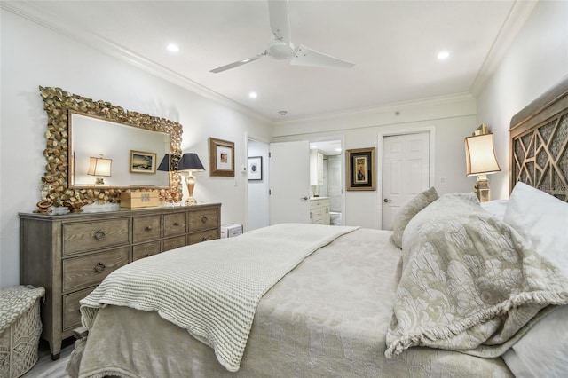 bedroom featuring recessed lighting, a ceiling fan, crown molding, and ensuite bathroom