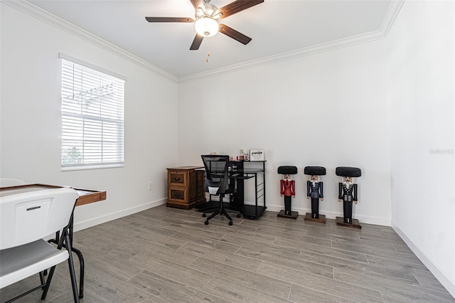 office space with ceiling fan, ornamental molding, and wood-type flooring