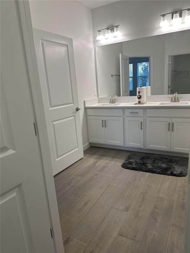 bathroom featuring vanity and hardwood / wood-style flooring