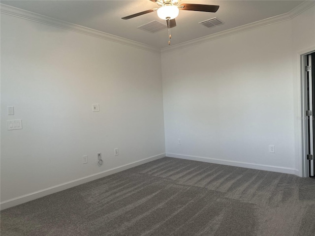 carpeted empty room featuring crown molding and ceiling fan