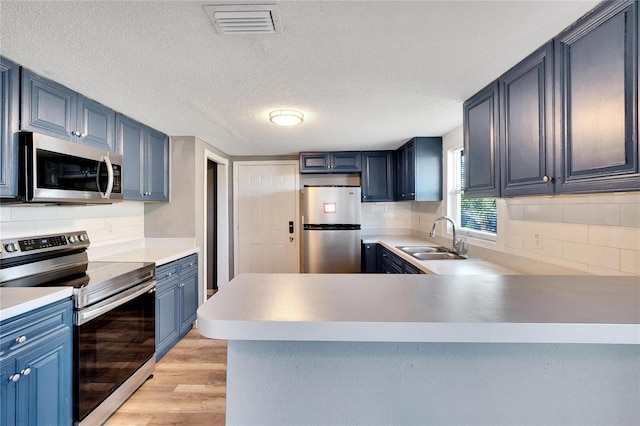 kitchen featuring kitchen peninsula, appliances with stainless steel finishes, blue cabinets, sink, and light hardwood / wood-style flooring