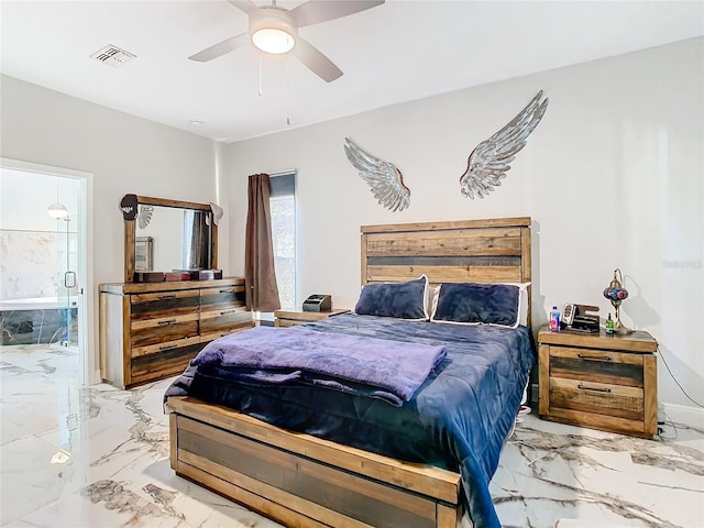 bedroom with ensuite bathroom and ceiling fan