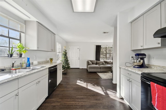 kitchen with sink, dark hardwood / wood-style flooring, a wealth of natural light, and black appliances