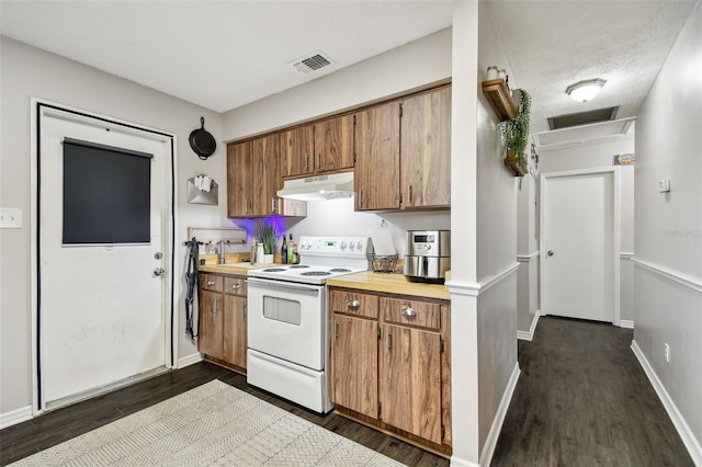 kitchen with dark wood-type flooring, white electric range oven, a textured ceiling, and sink