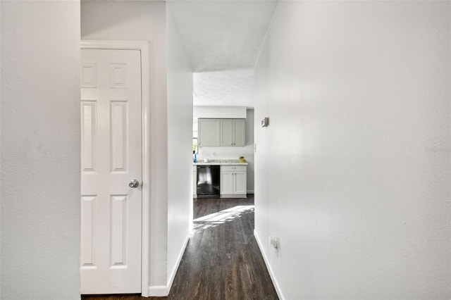 hallway with dark wood-type flooring