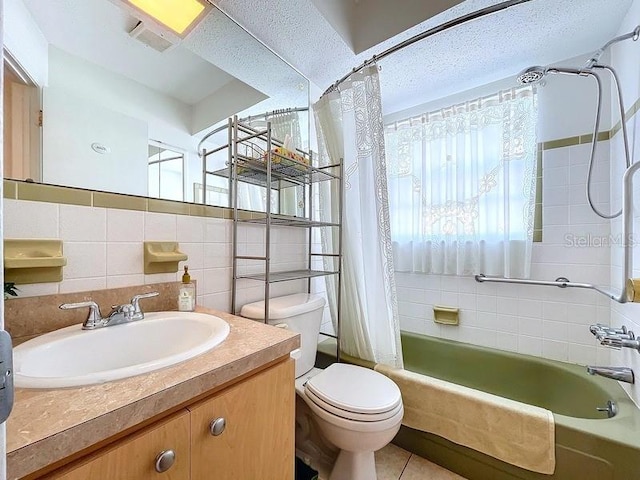 full bathroom featuring shower / bathtub combination with curtain, backsplash, toilet, vanity, and tile walls