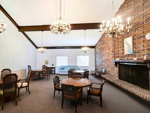 carpeted dining room featuring a chandelier, a brick fireplace, and vaulted ceiling with beams