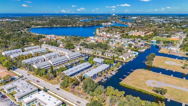 bird's eye view with a water view