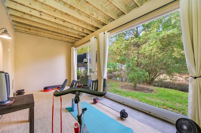 workout room with wood ceiling