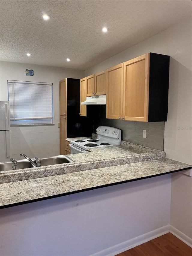 kitchen with light brown cabinets, white electric stove, stainless steel fridge, a textured ceiling, and wood-type flooring