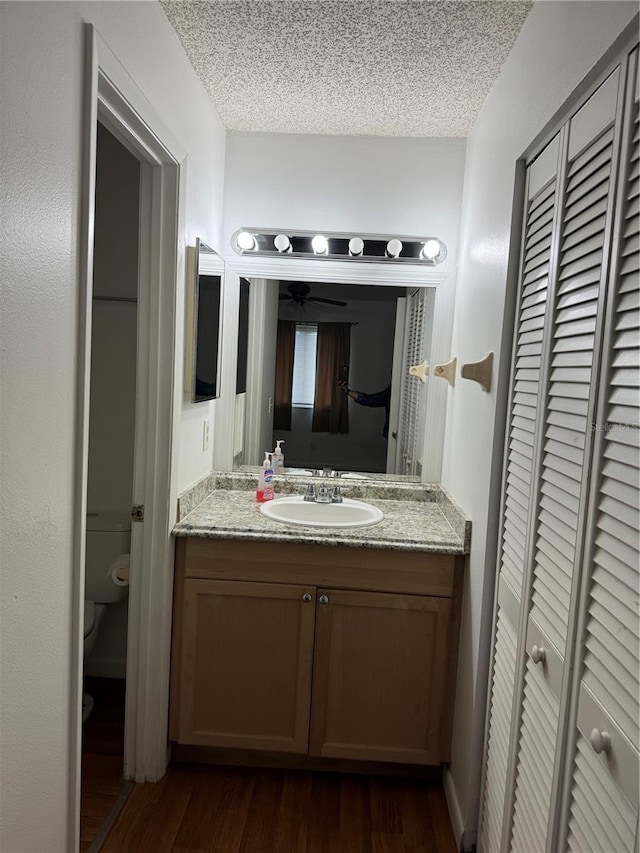 bathroom featuring vanity, wood-type flooring, a textured ceiling, and toilet