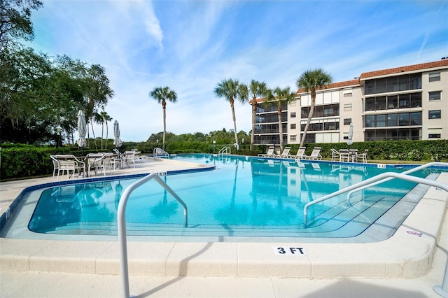 view of swimming pool featuring a patio area