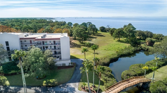 drone / aerial view featuring a water view