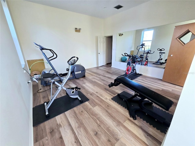 exercise area featuring light hardwood / wood-style flooring