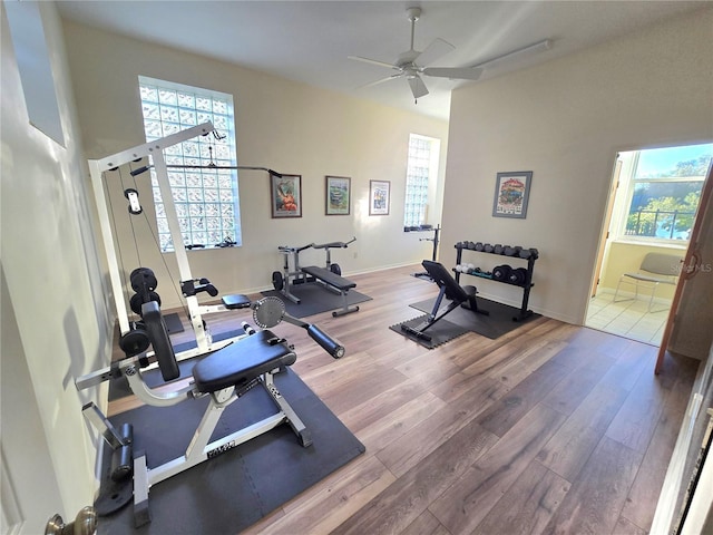 workout room with ceiling fan and wood-type flooring