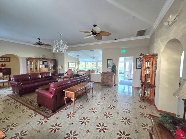 living room with an inviting chandelier, light tile patterned floors, and ornamental molding