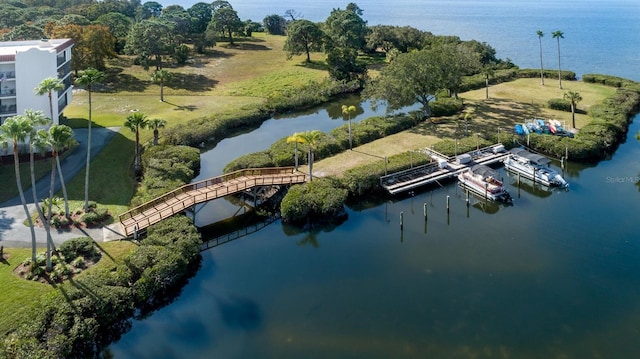 drone / aerial view featuring a water view