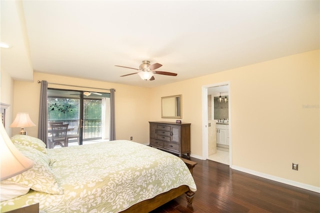 bedroom featuring ensuite bath, ceiling fan, sink, dark wood-type flooring, and access to outside