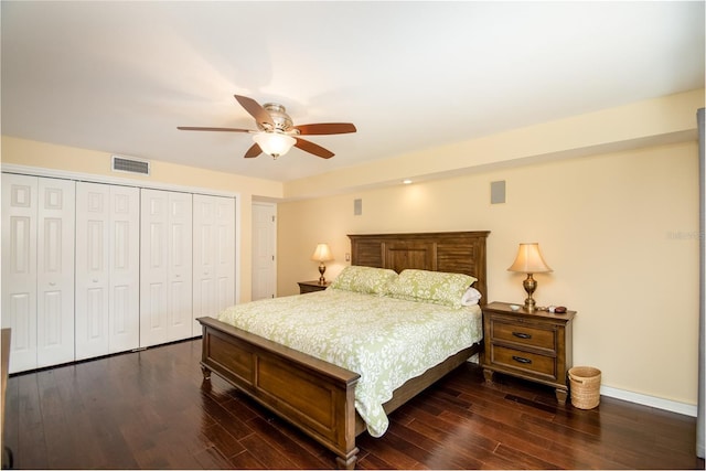 bedroom featuring ceiling fan and dark wood-type flooring