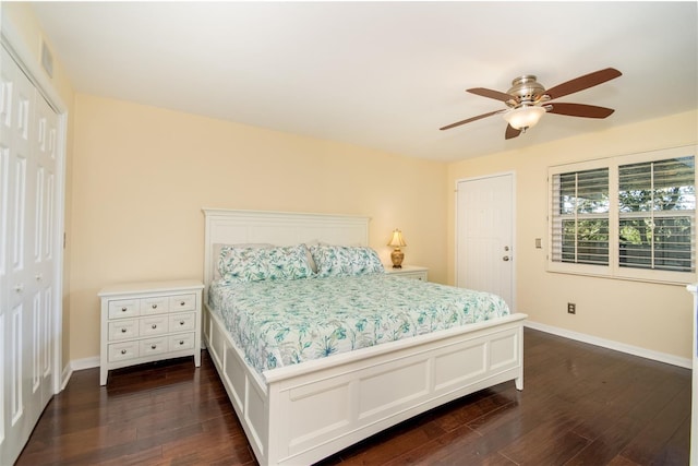 bedroom featuring ceiling fan and dark wood-type flooring