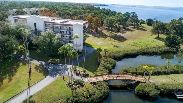 aerial view featuring a water view