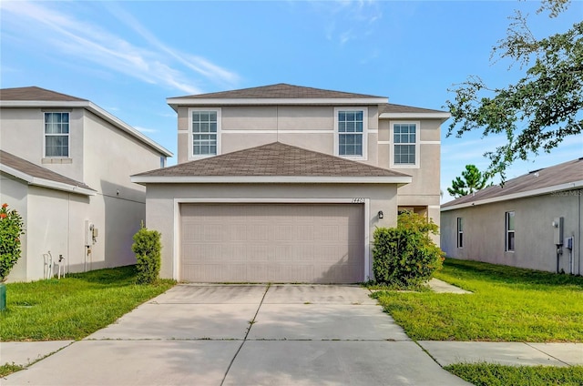 front facade with a garage and a front yard