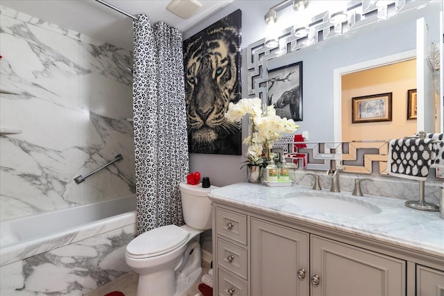 full bathroom featuring vanity, shower / bath combination with curtain, and toilet