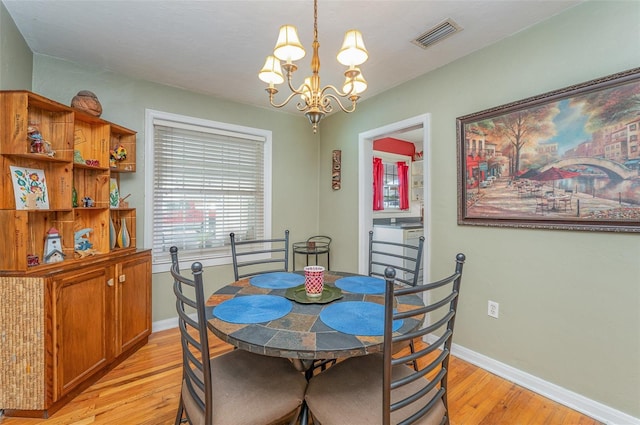 dining area featuring light wood-type flooring and a notable chandelier