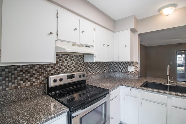 kitchen featuring white cabinetry, sink, and stainless steel electric range