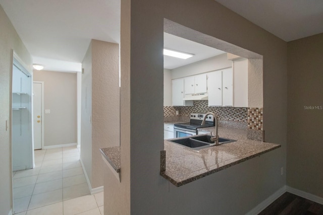 kitchen with decorative backsplash, kitchen peninsula, white cabinetry, and stainless steel electric range oven