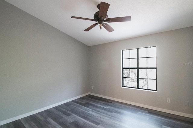 unfurnished room featuring dark hardwood / wood-style floors, ceiling fan, and lofted ceiling