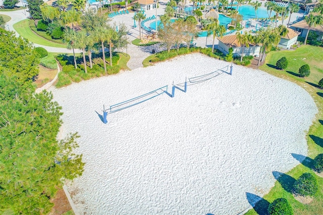 bird's eye view with a water view