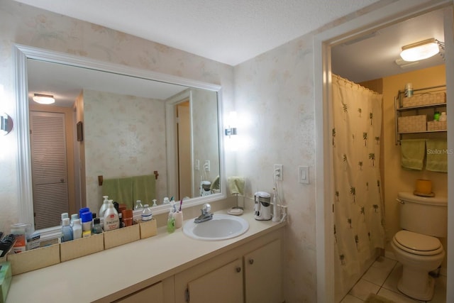 bathroom featuring tile patterned flooring, vanity, toilet, and a shower with shower curtain