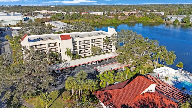 drone / aerial view featuring a water view