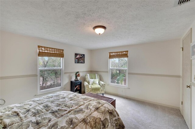 carpeted bedroom featuring a textured ceiling and multiple windows